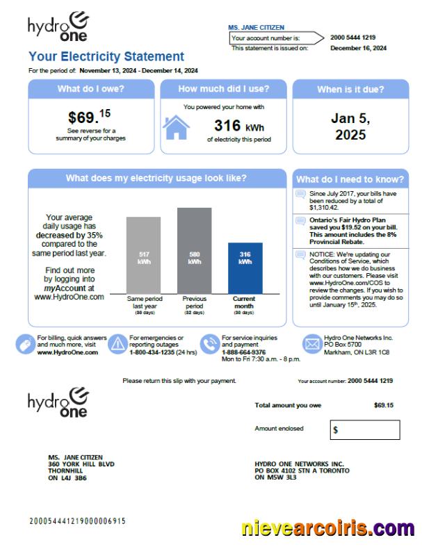 Canada Hydro One utility bill, version 2